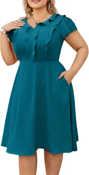 Hanna Nikole Women Plus Size Flounce Sleeve A-Line Casual Midi Dress with Pockets Elastic Empire Waist Flowy Dresses