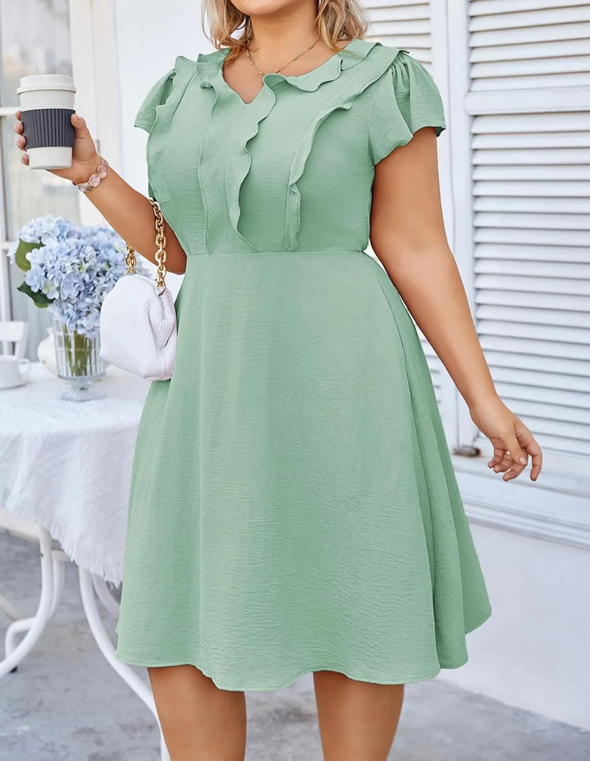 Hanna Nikole Women Plus Size Flounce Sleeve A-Line Casual Midi Dress with Pockets Elastic Empire Waist Flowy Dresses