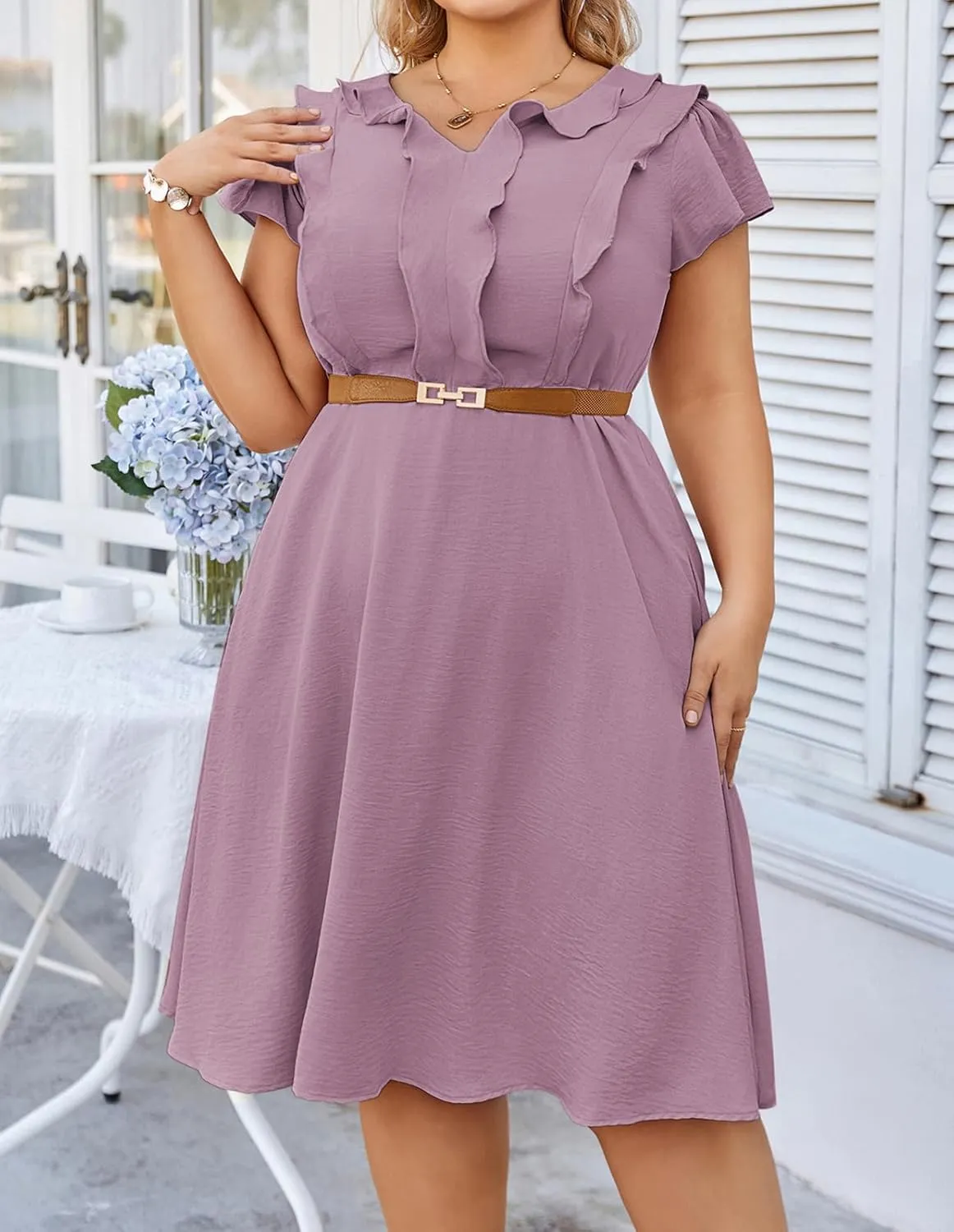 Hanna Nikole Women Plus Size Flounce Sleeve A-Line Casual Midi Dress with Pockets Elastic Empire Waist Flowy Dresses