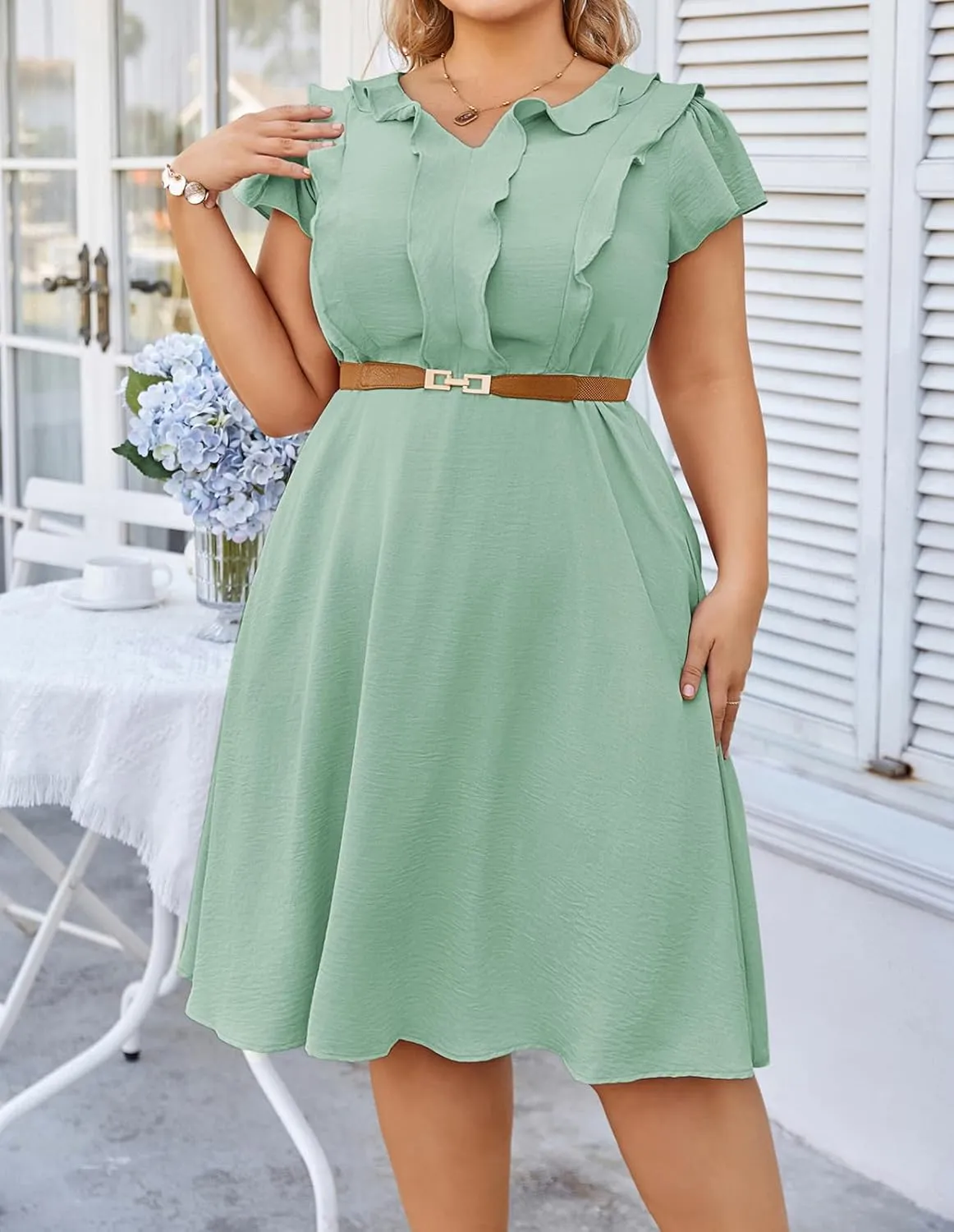 Hanna Nikole Women Plus Size Flounce Sleeve A-Line Casual Midi Dress with Pockets Elastic Empire Waist Flowy Dresses