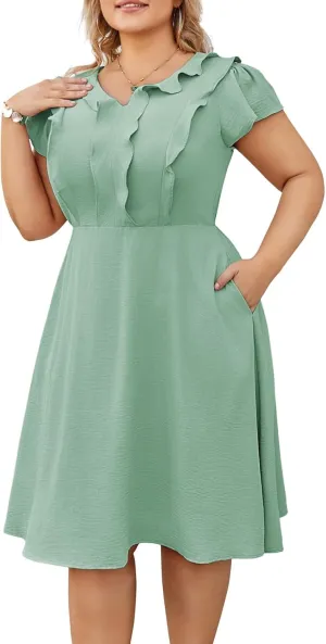 Hanna Nikole Women Plus Size Flounce Sleeve A-Line Casual Midi Dress with Pockets Elastic Empire Waist Flowy Dresses
