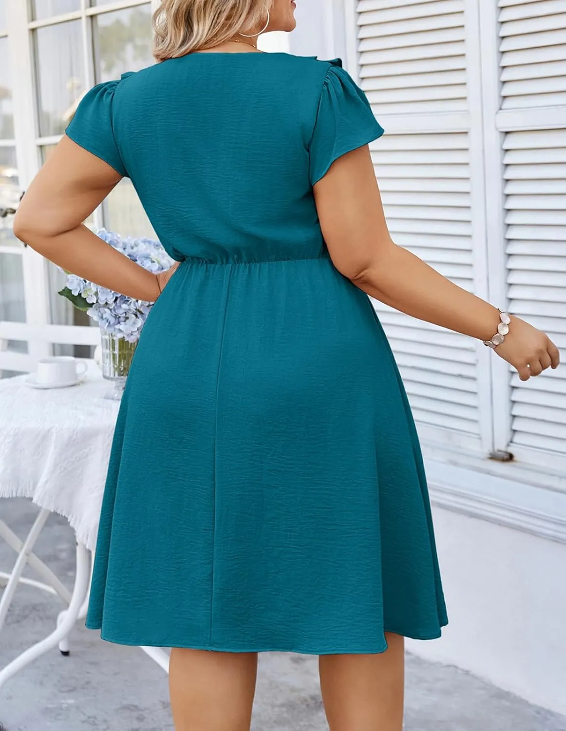 Hanna Nikole Women Plus Size Flounce Sleeve A-Line Casual Midi Dress with Pockets Elastic Empire Waist Flowy Dresses