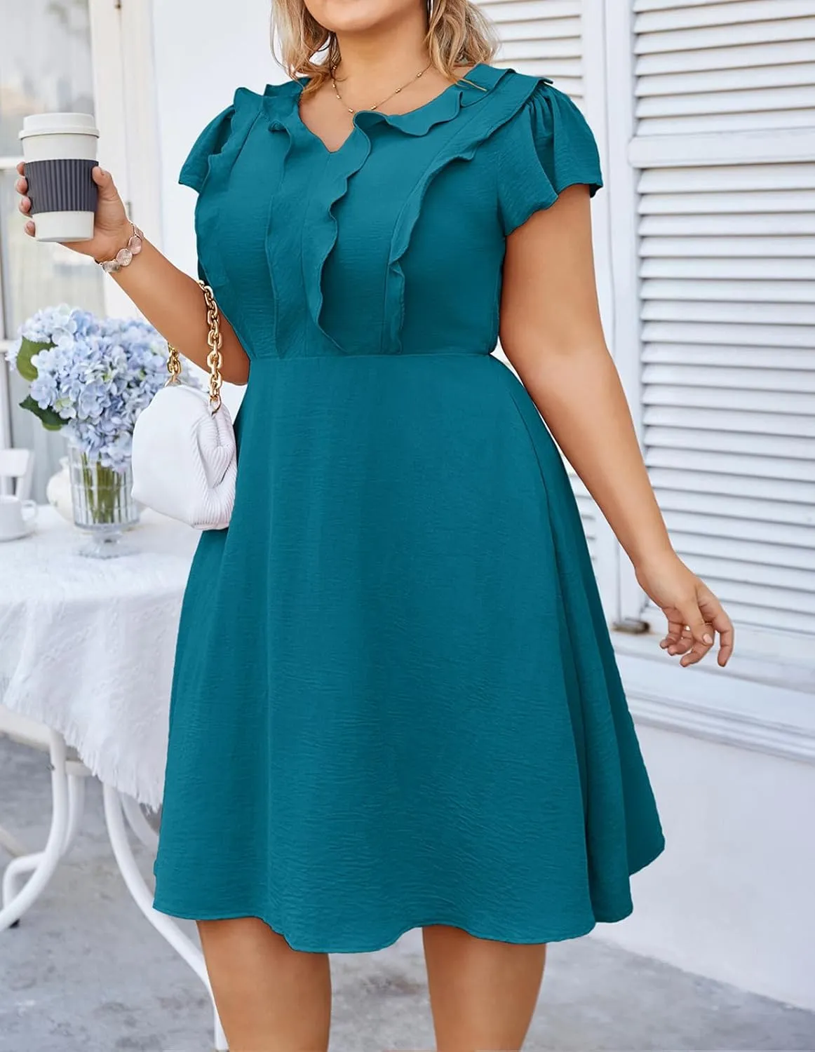 Hanna Nikole Women Plus Size Flounce Sleeve A-Line Casual Midi Dress with Pockets Elastic Empire Waist Flowy Dresses