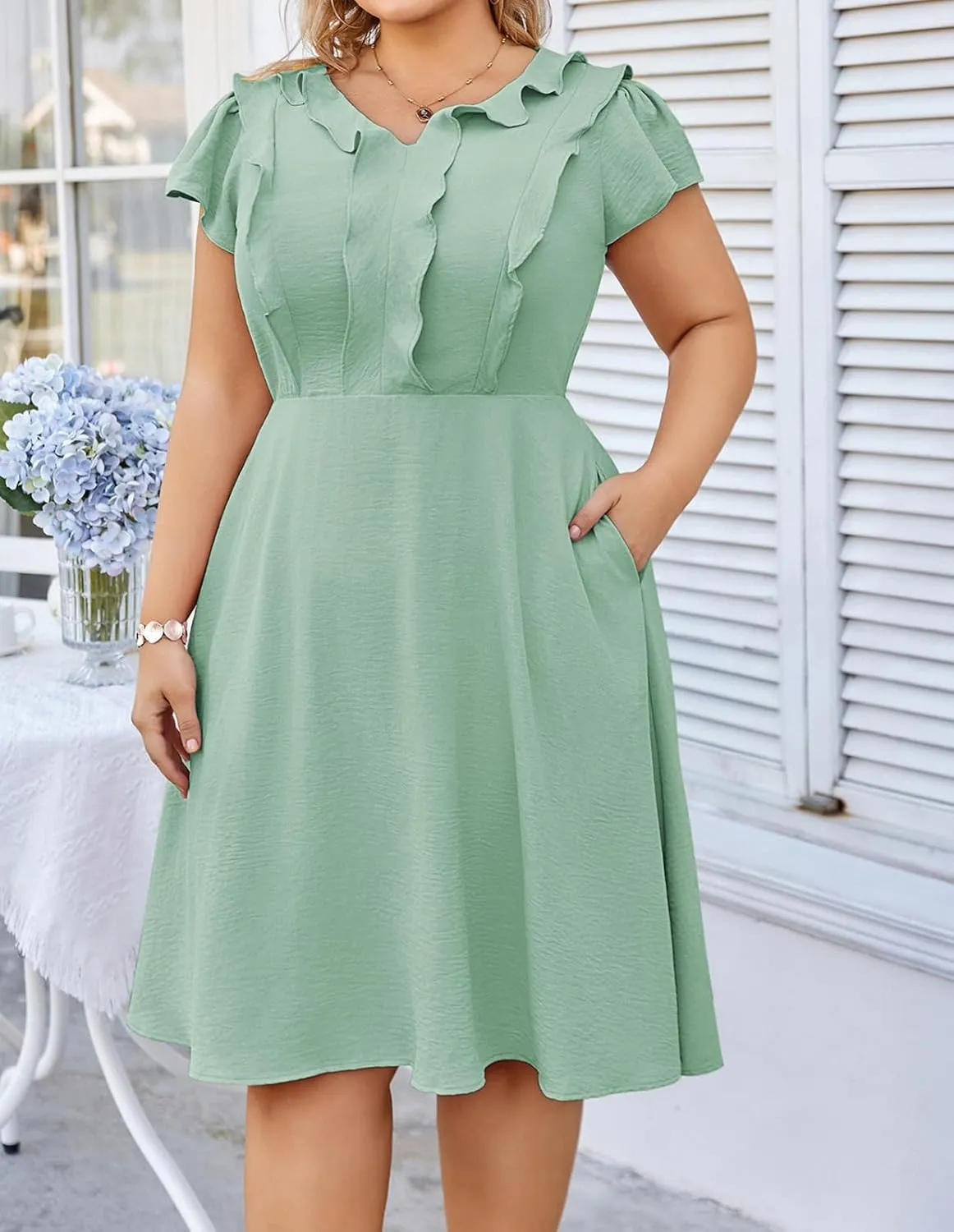 Hanna Nikole Women Plus Size Flounce Sleeve A-Line Casual Midi Dress with Pockets Elastic Empire Waist Flowy Dresses
