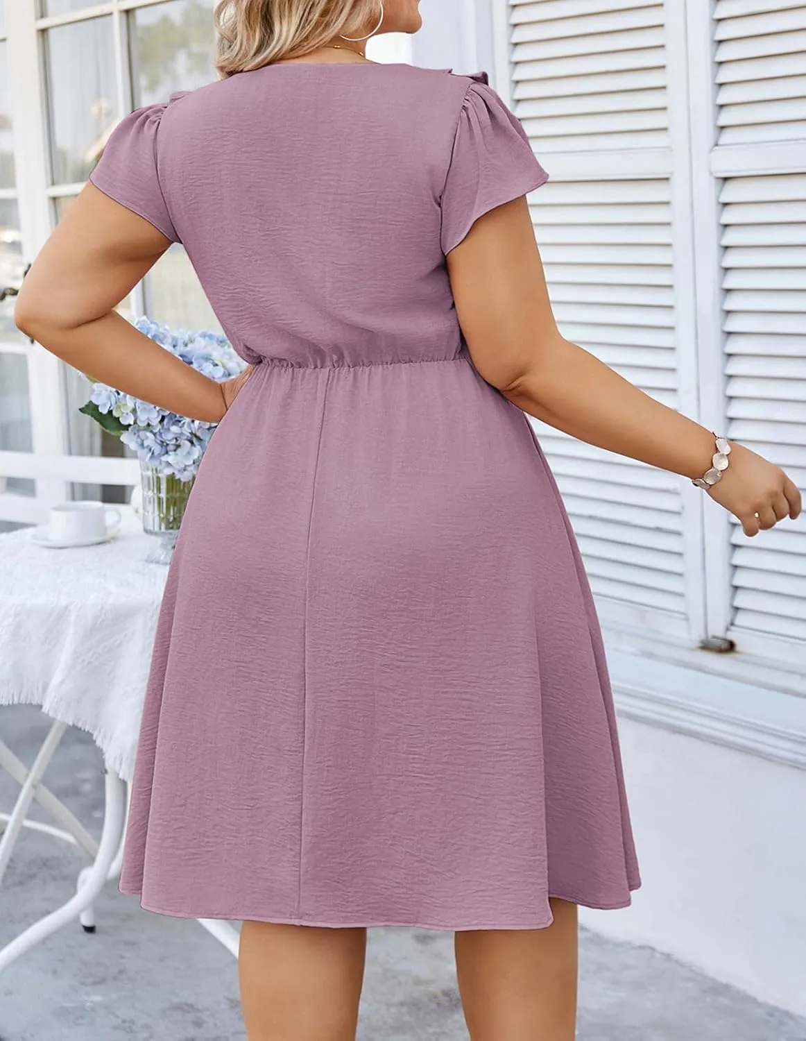 Hanna Nikole Women Plus Size Flounce Sleeve A-Line Casual Midi Dress with Pockets Elastic Empire Waist Flowy Dresses