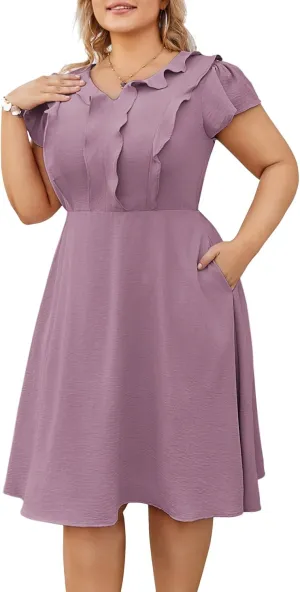 Hanna Nikole Women Plus Size Flounce Sleeve A-Line Casual Midi Dress with Pockets Elastic Empire Waist Flowy Dresses
