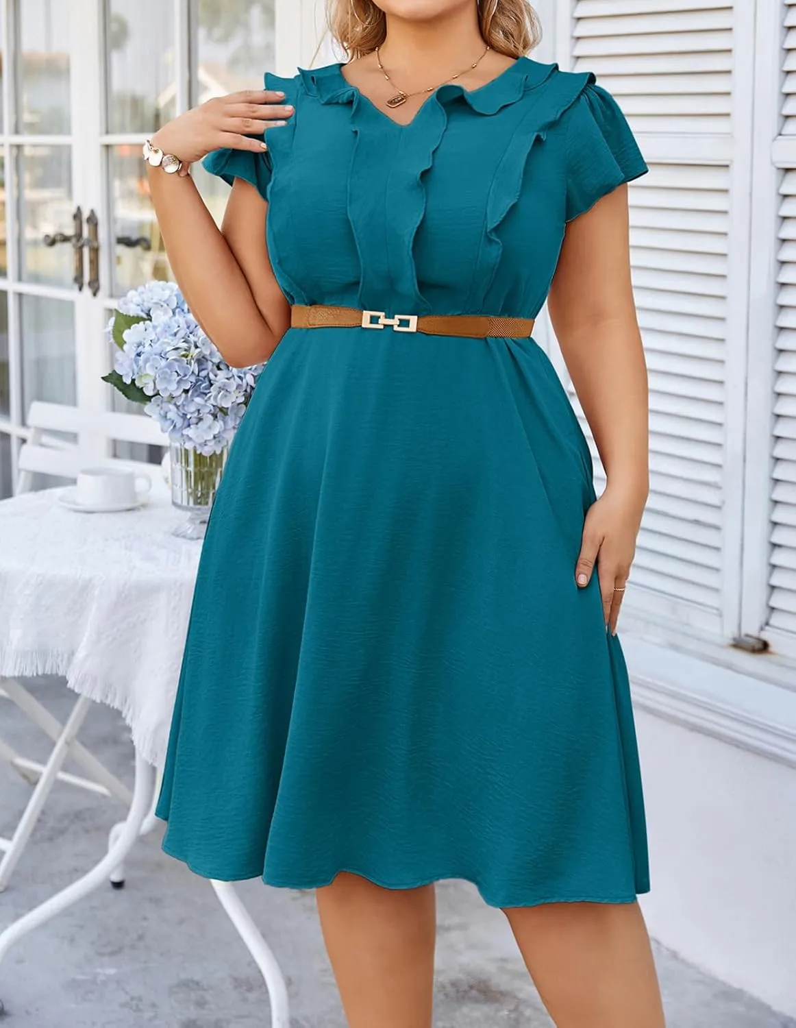 Hanna Nikole Women Plus Size Flounce Sleeve A-Line Casual Midi Dress with Pockets Elastic Empire Waist Flowy Dresses