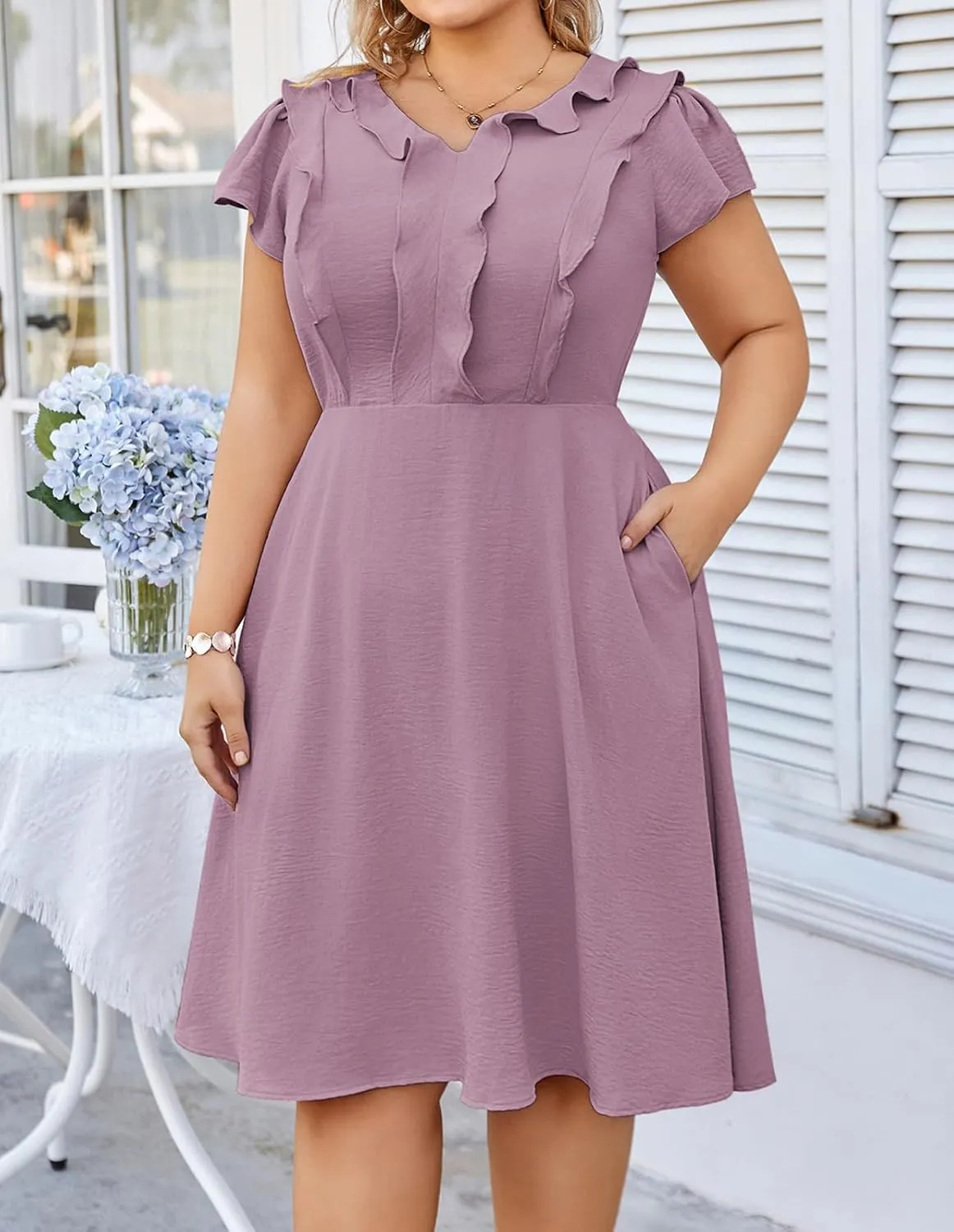 Hanna Nikole Women Plus Size Flounce Sleeve A-Line Casual Midi Dress with Pockets Elastic Empire Waist Flowy Dresses