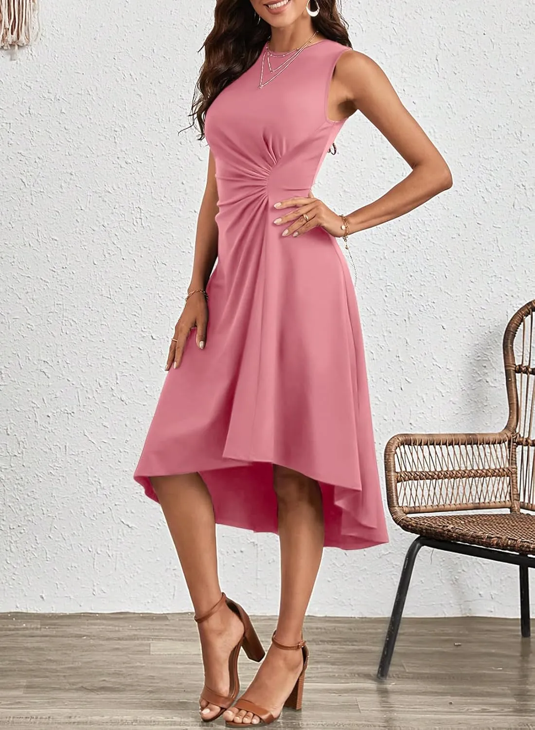 Happy Sailed Women's Summer Sleeveless Ruched Waist Flowy A Line High Low Midi Cocktail Party Dress