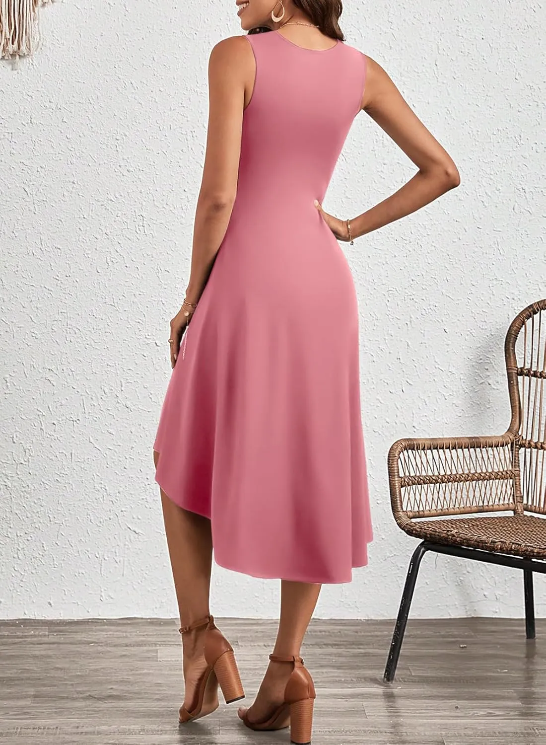 Happy Sailed Women's Summer Sleeveless Ruched Waist Flowy A Line High Low Midi Cocktail Party Dress
