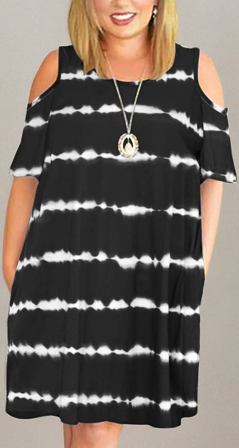 HBEYYTO Women Plus Size Dresses Cold Shoulder Short Sleeve Casual Loose T-Shirt Swing Dress with Pockets
