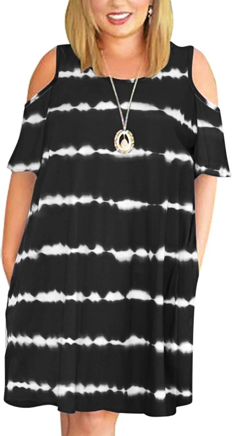 HBEYYTO Women Plus Size Dresses Cold Shoulder Short Sleeve Casual Loose T-Shirt Swing Dress with Pockets