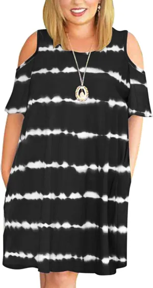 HBEYYTO Women Plus Size Dresses Cold Shoulder Short Sleeve Casual Loose T-Shirt Swing Dress with Pockets