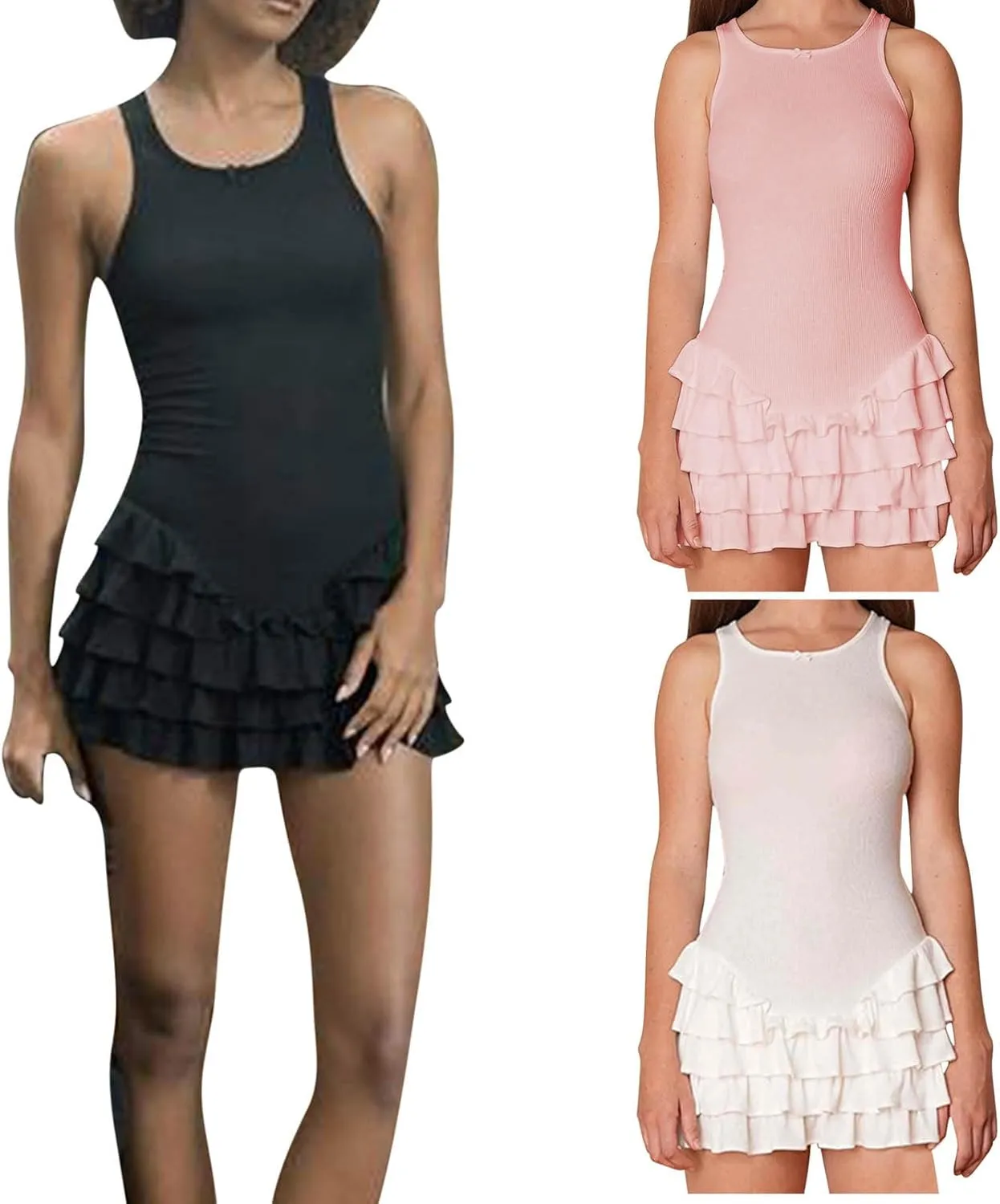 HGps8w Women's Sexy Ruffles Layered Bodycon Mini Dress Slim Fit Sleeveless Cocktail Party Going Out Dresses