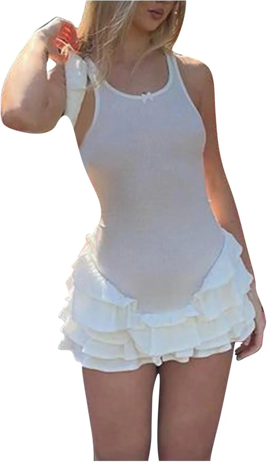 HGps8w Women's Sexy Ruffles Layered Bodycon Mini Dress Slim Fit Sleeveless Cocktail Party Going Out Dresses
