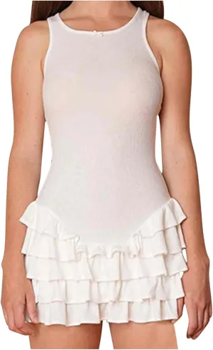 HGps8w Women's Sexy Ruffles Layered Bodycon Mini Dress Slim Fit Sleeveless Cocktail Party Going Out Dresses