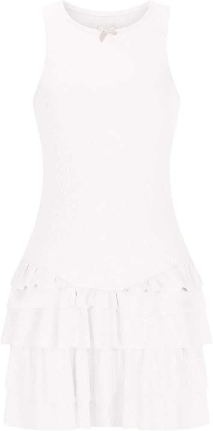 HGps8w Women's Sexy Ruffles Layered Bodycon Mini Dress Slim Fit Sleeveless Cocktail Party Going Out Dresses
