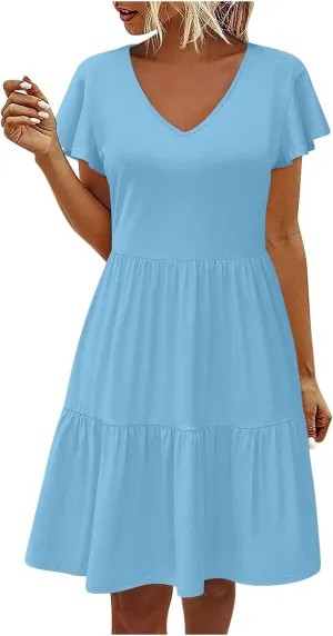 hlysgo Women's Casual Mini Dresses 2024 Summer V Neck Flowy Flutter Sleeve Dress Casual Short Ruffle Sundresses