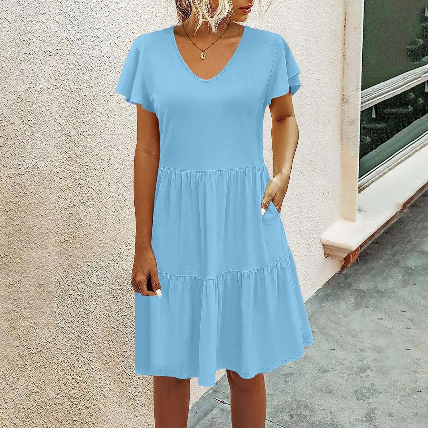 hlysgo Women's Casual Mini Dresses 2024 Summer V Neck Flowy Flutter Sleeve Dress Casual Short Ruffle Sundresses