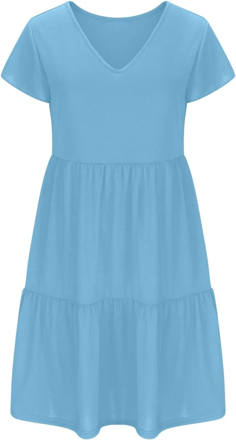 hlysgo Women's Casual Mini Dresses 2024 Summer V Neck Flowy Flutter Sleeve Dress Casual Short Ruffle Sundresses