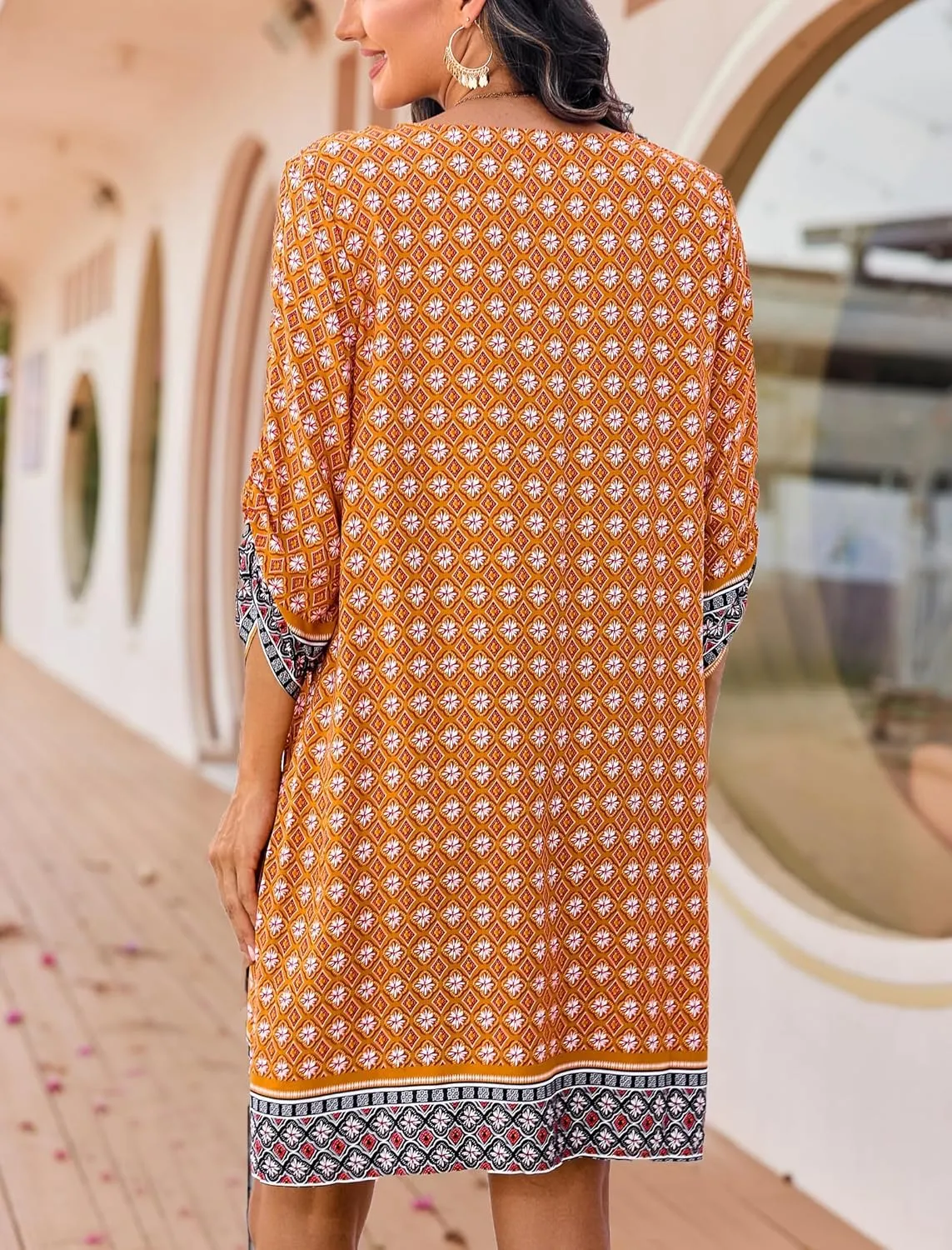HOTOUCH Women Casual Beach Summer Dress Boho Tassel Tie Neck 3/4 Long Sleeve Short Floral Print Flowy Cover Up Sundresses