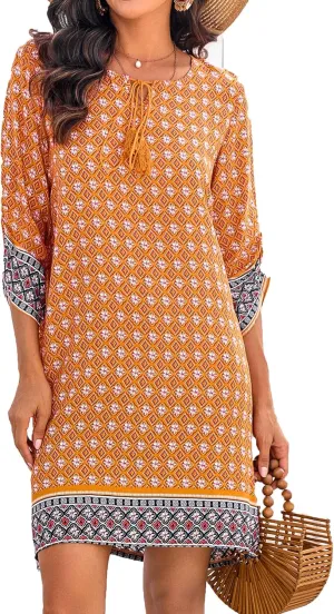 HOTOUCH Women Casual Beach Summer Dress Boho Tassel Tie Neck 3/4 Long Sleeve Short Floral Print Flowy Cover Up Sundresses
