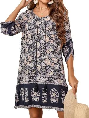 HOTOUCH Women Casual Beach Summer Dress Boho Tassel Tie Neck 3/4 Long Sleeve Short Floral Print Flowy Cover Up Sundresses