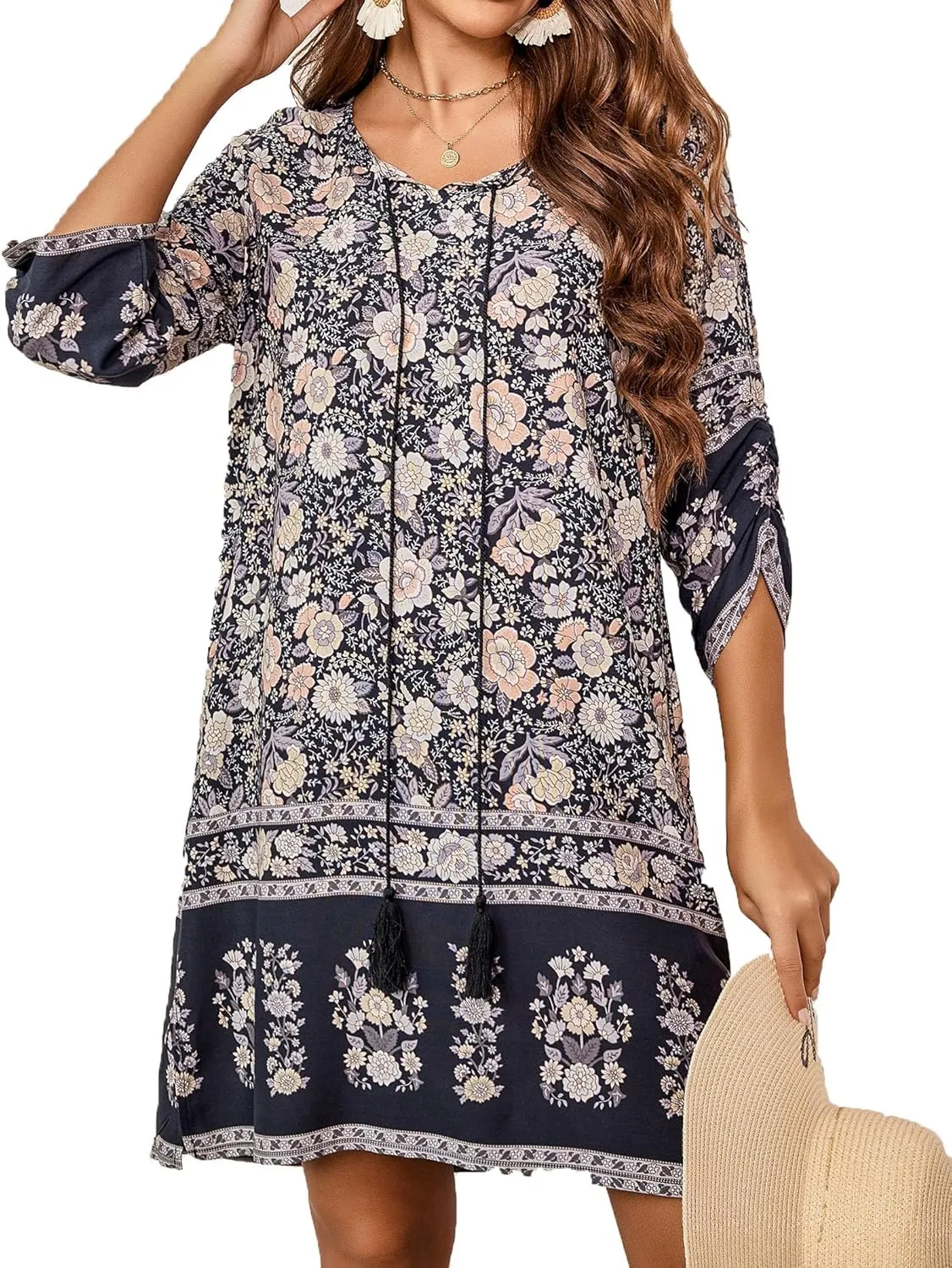 HOTOUCH Women Casual Beach Summer Dress Boho Tassel Tie Neck 3/4 Long Sleeve Short Floral Print Flowy Cover Up Sundresses