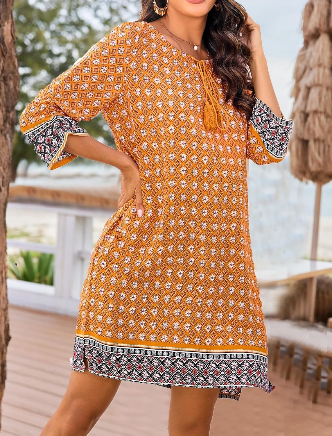 HOTOUCH Women Casual Beach Summer Dress Boho Tassel Tie Neck 3/4 Long Sleeve Short Floral Print Flowy Cover Up Sundresses