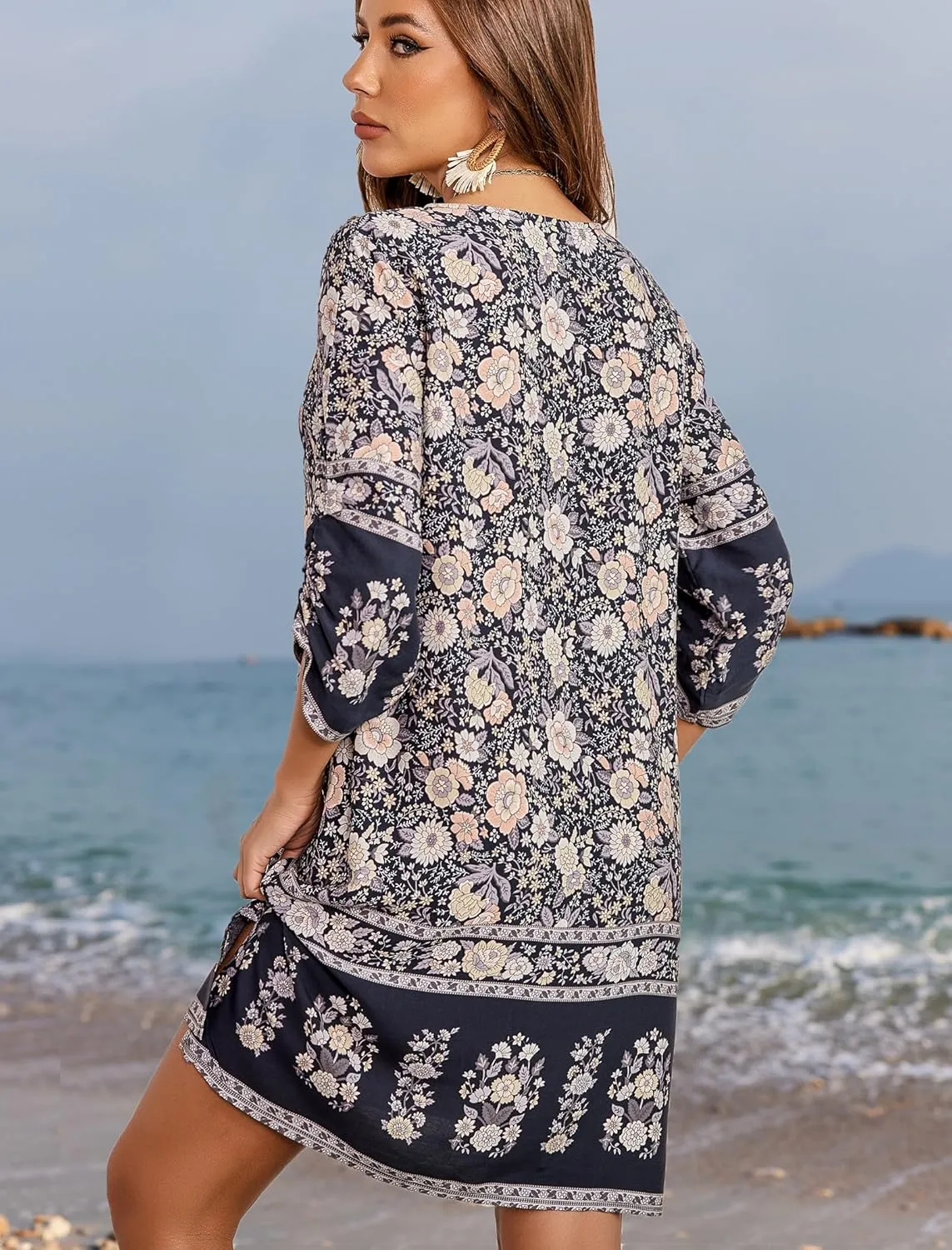 HOTOUCH Women Casual Beach Summer Dress Boho Tassel Tie Neck 3/4 Long Sleeve Short Floral Print Flowy Cover Up Sundresses