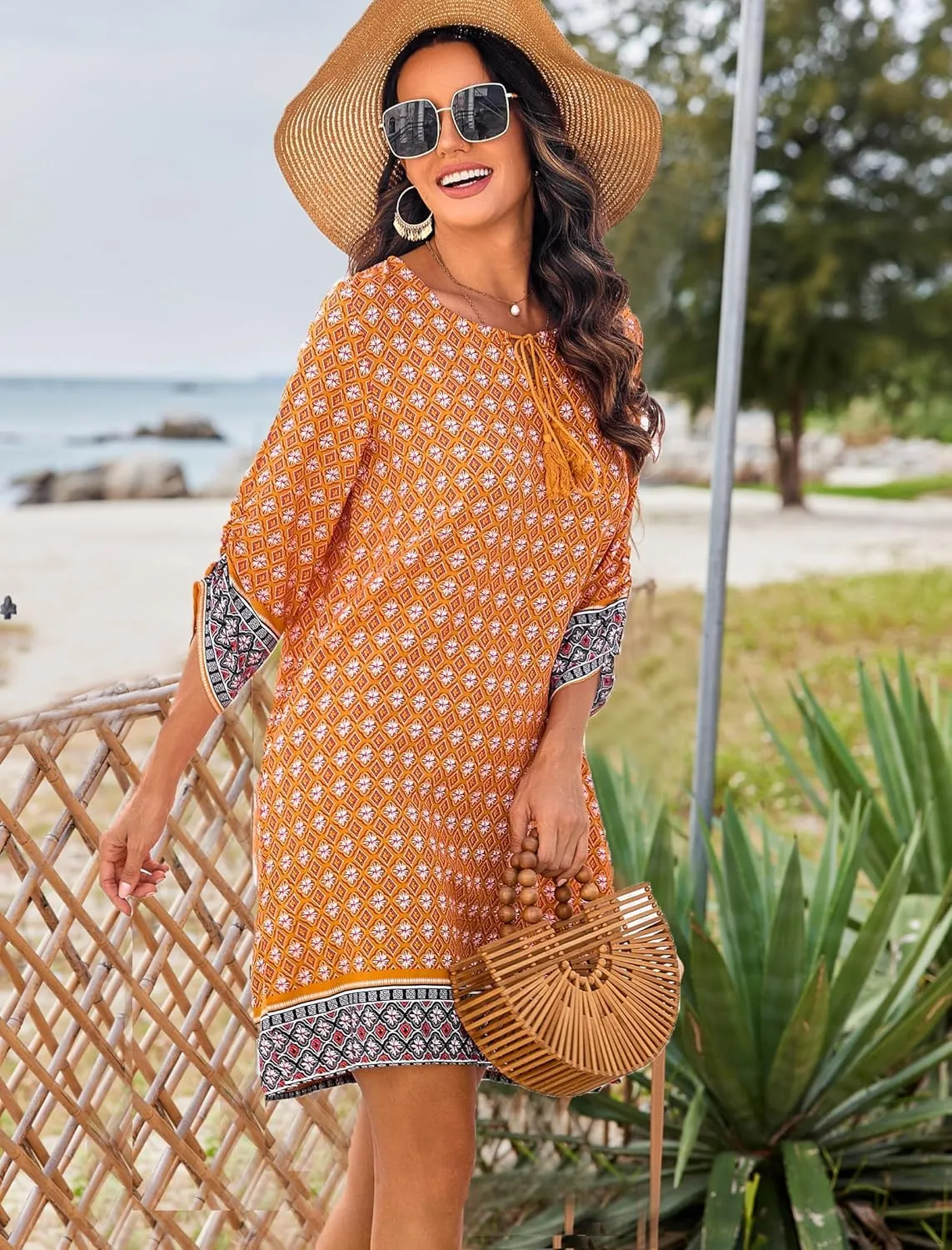 HOTOUCH Women Casual Beach Summer Dress Boho Tassel Tie Neck 3/4 Long Sleeve Short Floral Print Flowy Cover Up Sundresses