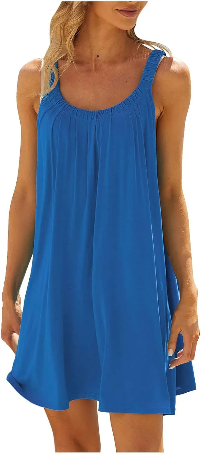 Hvyesh Summer Dresses for Women Casual Beach Sleeveless Pockets Casual Loose Spaghetti Strap Tank Dress Knee Length Sundress