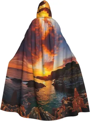 Ireland Sunset Seascape Print Hooded Cloak Halloween Costume Adult Size with Dramatic Cloak for Cosplays,Witch Capes Black