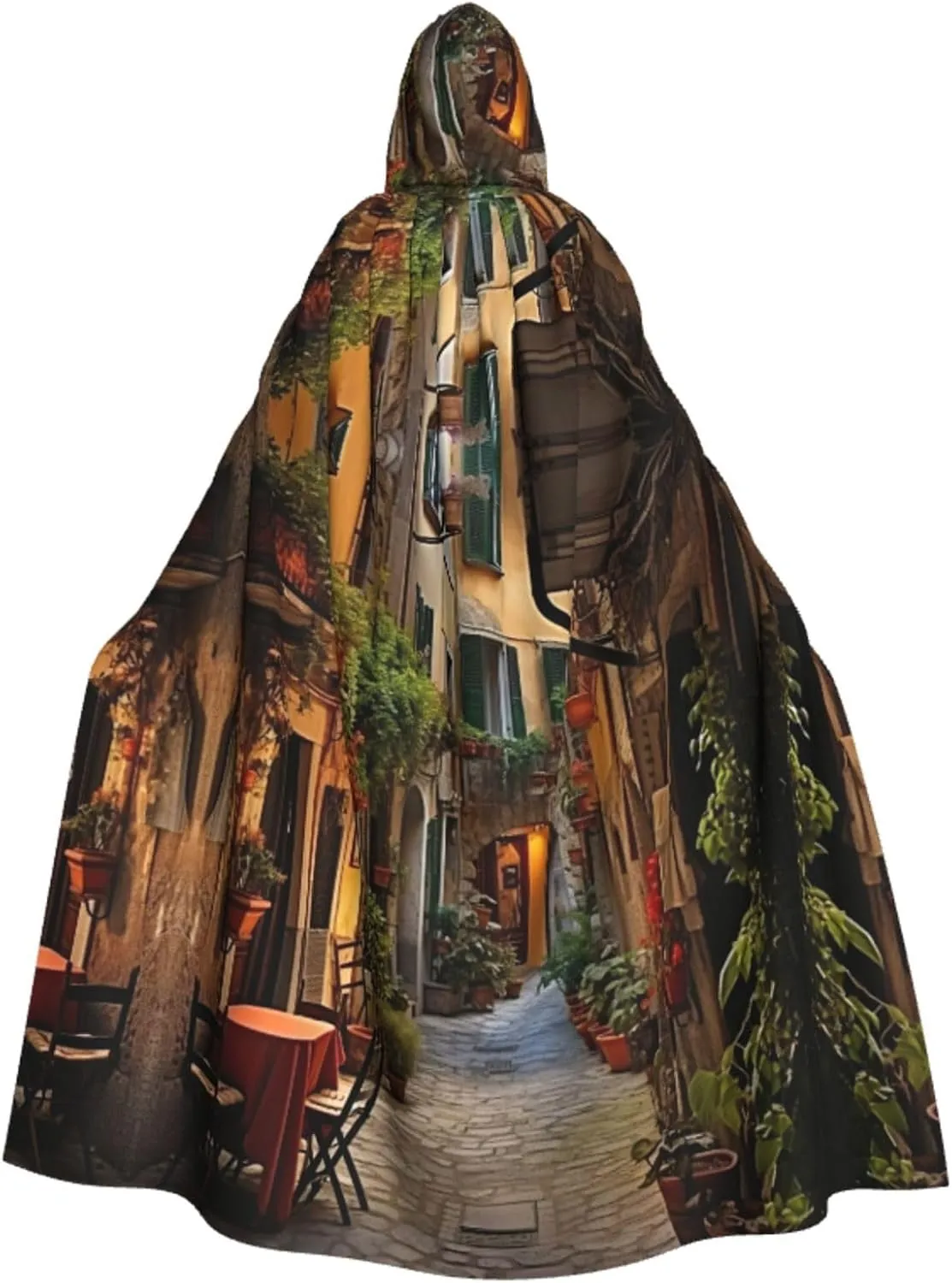 Italian Old Street Print Hooded Cloak Halloween Costume Adult Size with Dramatic Cloak for Cosplays,Witch Capes Black