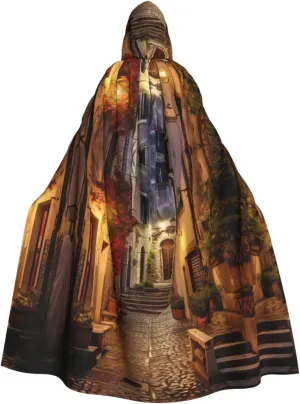 Italian Old Street Print Hooded Cloak Halloween Costume Adult Size with Dramatic Cloak for Cosplays,Witch Capes Black