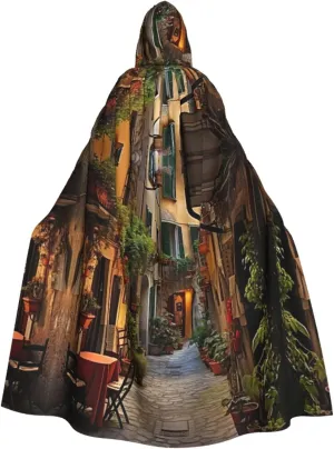 Italian Old Street Print Hooded Cloak Halloween Costume Adult Size with Dramatic Cloak for Cosplays,Witch Capes Black