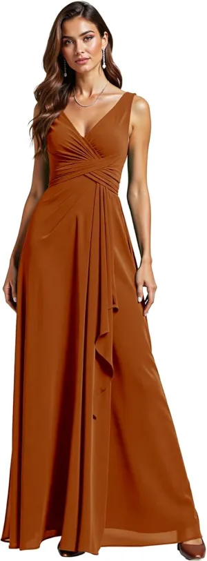 JAEDEN Bridesmaid Dresses for Women  V Neck, Pleated, Chiffon A-Line Formal Evening Gown for Wedding
