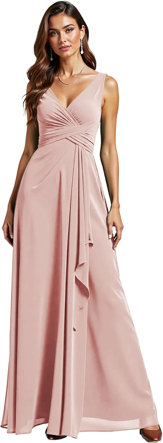 JAEDEN Bridesmaid Dresses for Women  V Neck, Pleated, Chiffon A-Line Formal Evening Gown for Wedding