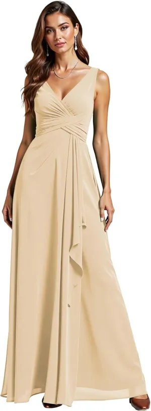 JAEDEN Bridesmaid Dresses for Women  V Neck, Pleated, Chiffon A-Line Formal Evening Gown for Wedding