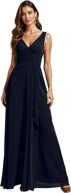 JAEDEN Bridesmaid Dresses for Women  V Neck, Pleated, Chiffon A-Line Formal Evening Gown for Wedding