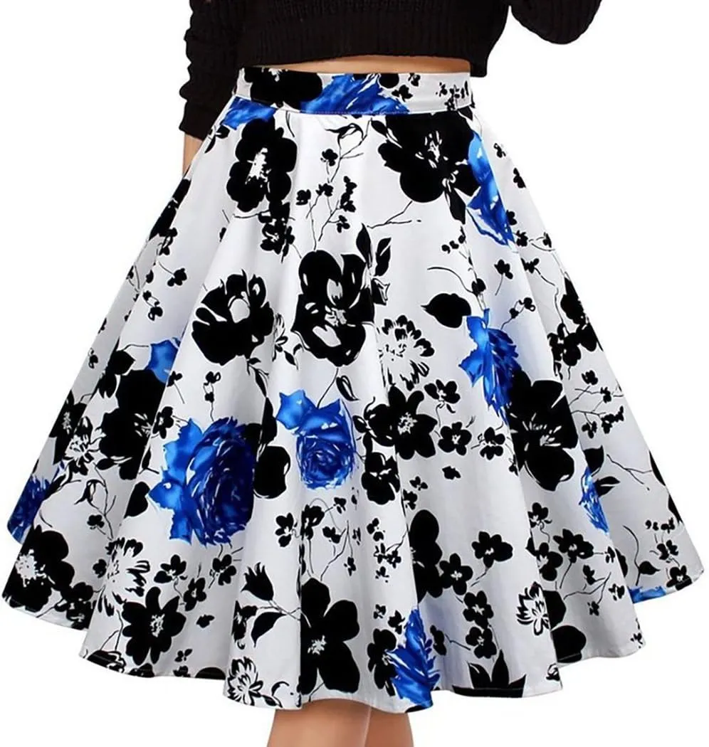 Kafeimali Women Flower Elastic Waist A-line Printed Pleated Flared Midi Skirts