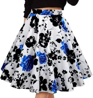 Kafeimali Women Flower Elastic Waist A-line Printed Pleated Flared Midi Skirts