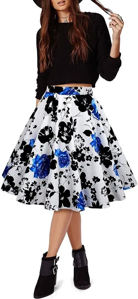 Kafeimali Women Flower Elastic Waist A-line Printed Pleated Flared Midi Skirts