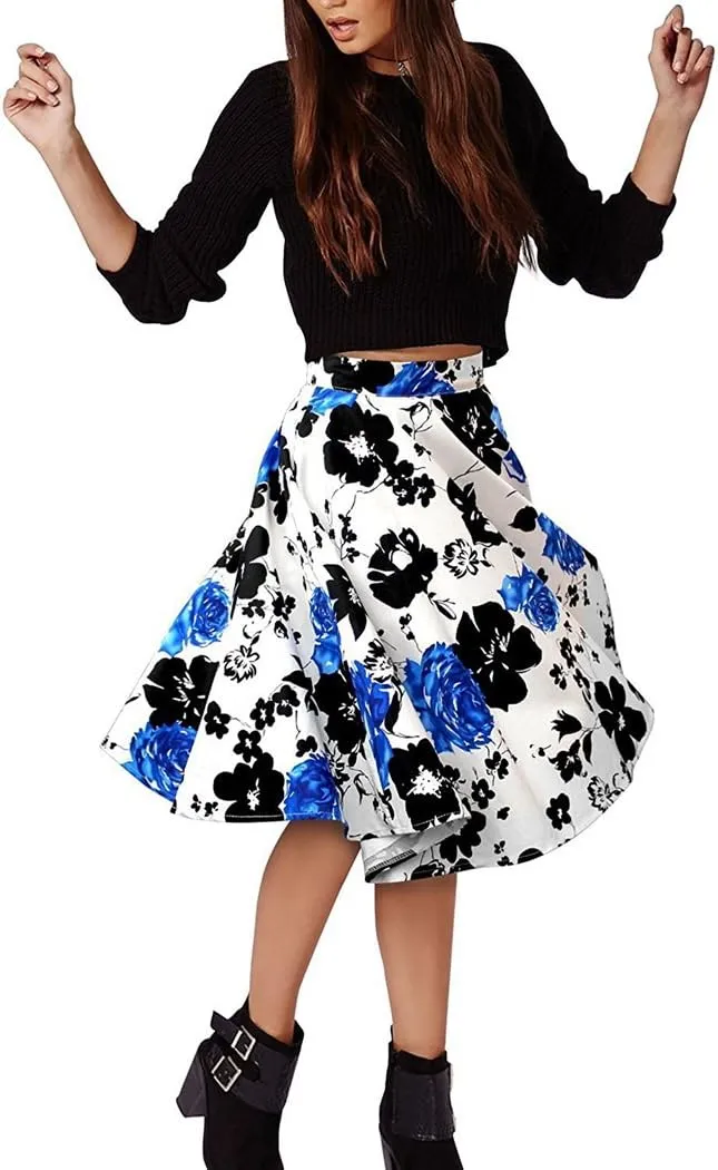 Kafeimali Women Flower Elastic Waist A-line Printed Pleated Flared Midi Skirts