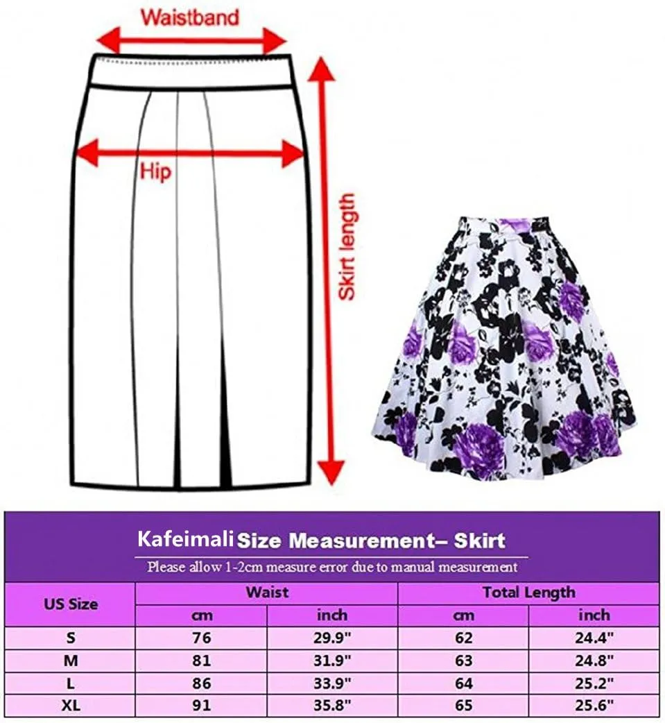 Kafeimali Women Flower Elastic Waist A-line Printed Pleated Flared Midi Skirts