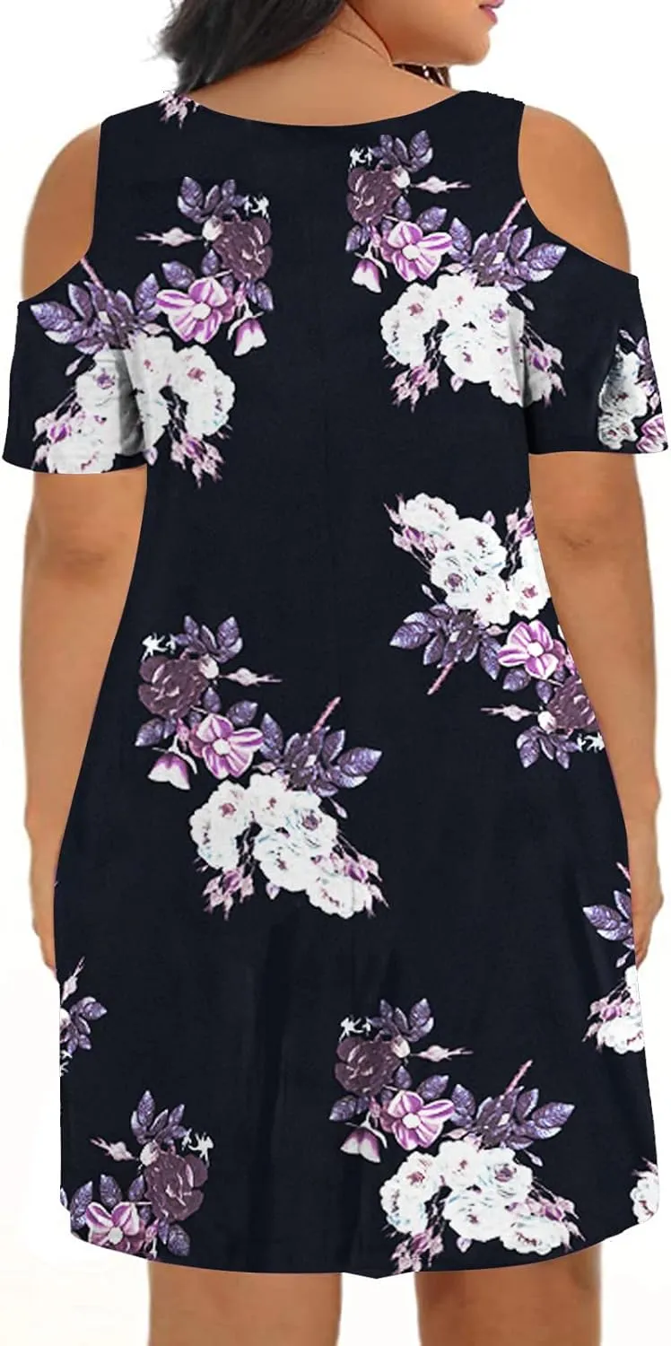 Kancystore Women Plus Size Dresses Short Sleeve Cold Shoulder Casual T-Shirt Swing Dress with Pockets