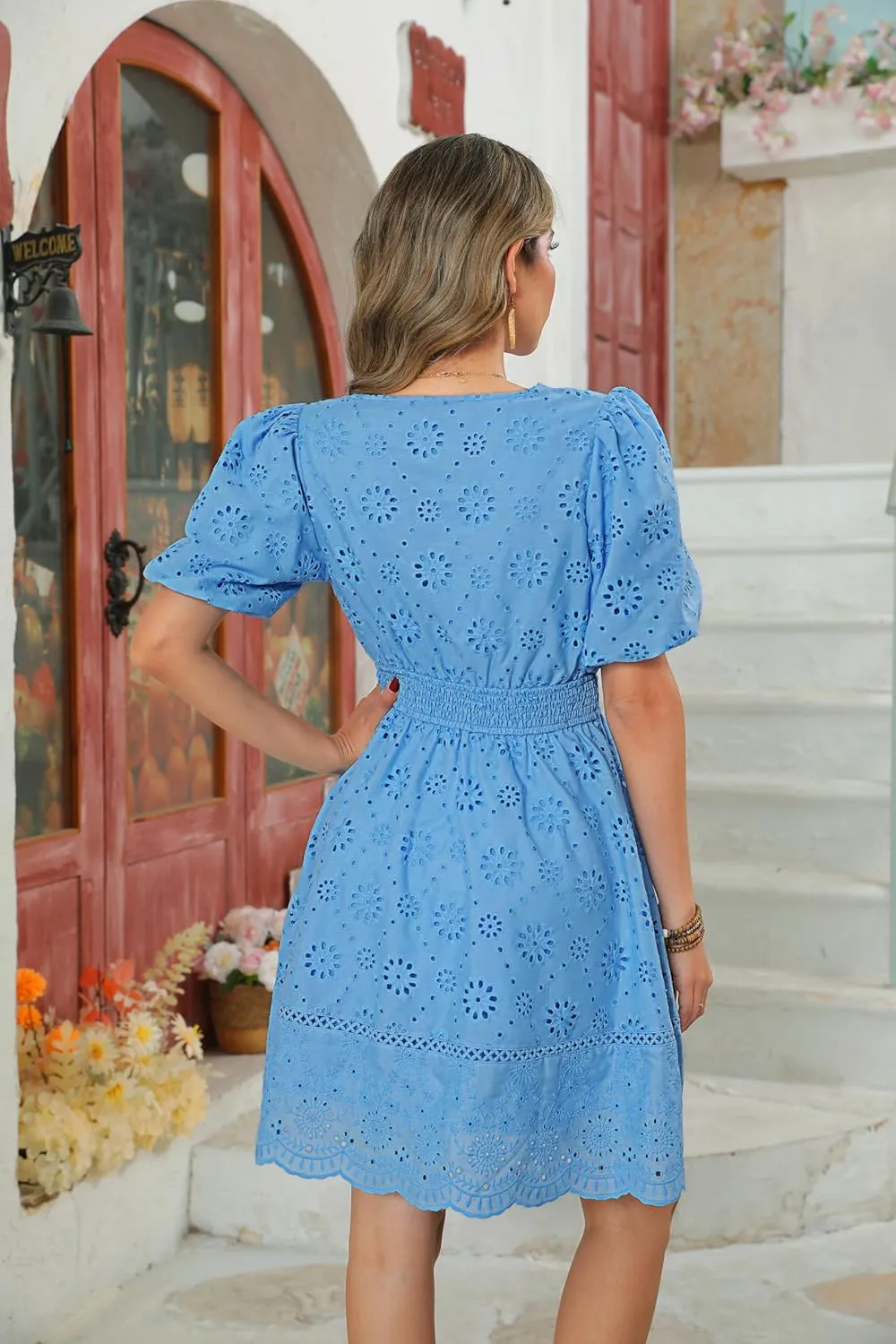 Kate Kasin Womens 2025 Summer Casual Dress V Neck Puff Sleeve A Line Hollow Out Eyelet Beach Wedding Guest Dress