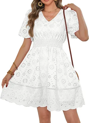 Kate Kasin Womens 2025 Summer Casual Dress V Neck Puff Sleeve A Line Hollow Out Eyelet Beach Wedding Guest Dress