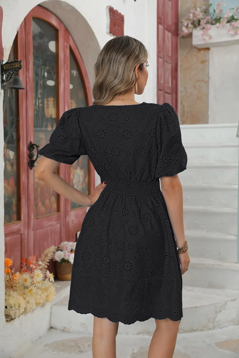 Kate Kasin Womens 2025 Summer Casual Dress V Neck Puff Sleeve A Line Hollow Out Eyelet Beach Wedding Guest Dress