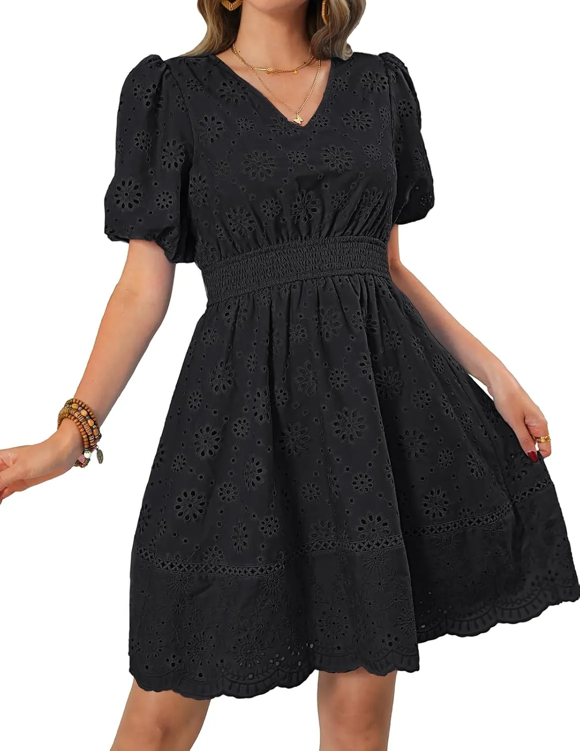 Kate Kasin Womens 2025 Summer Casual Dress V Neck Puff Sleeve A Line Hollow Out Eyelet Beach Wedding Guest Dress